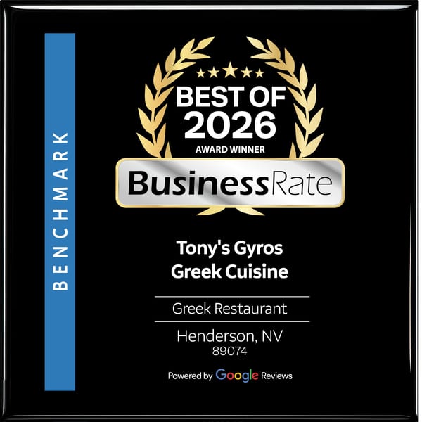 Tony's Gyros Greek Cuisine "Best of 2026 Award Winner" plaque from BusinessRate, powered by Google Reviews.