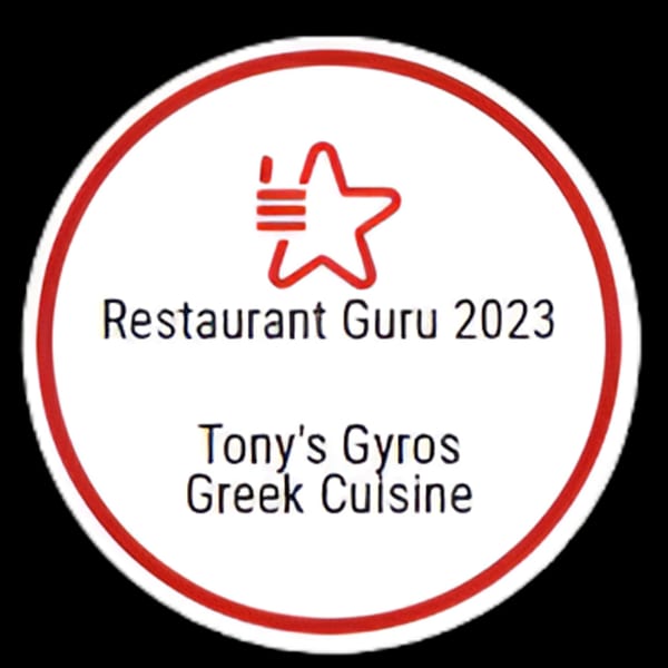 Restaurant Guru 2023 award for Tony's Gyros Greek Cuisine, a red and white circular logo.