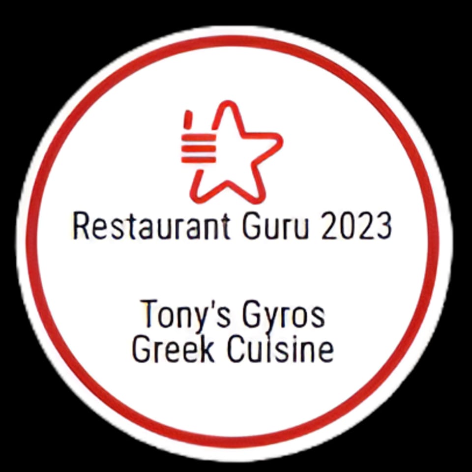 Restaurant Guru 2023 award for Tony's Gyros Greek Cuisine, a red and white circular logo.
