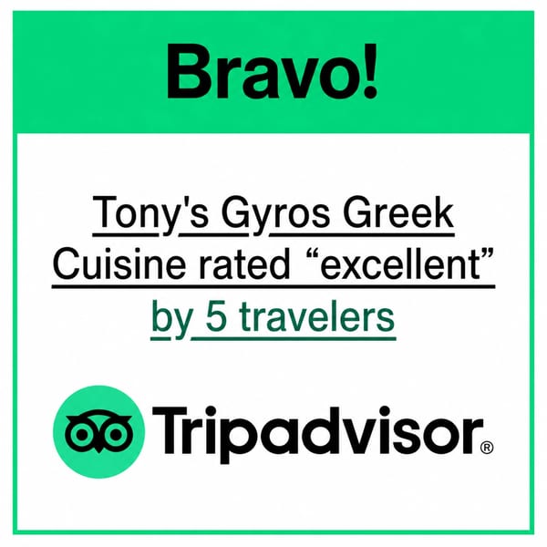 TripAdvisor graphic: Tony's Gyros Greek Cuisine rated "excellent" by 5 travelers.