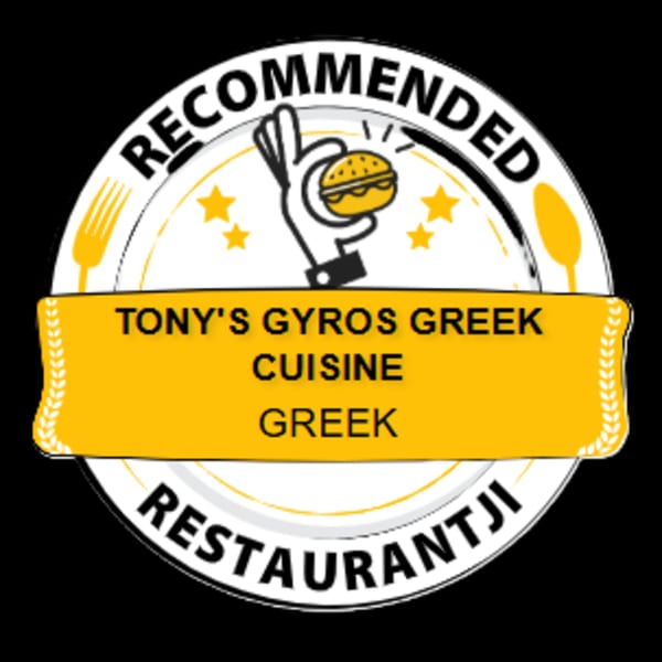 A circular badge with "Recommended Restaurantji" and "Tony's Gyros Greek Cuisine Greek" text.