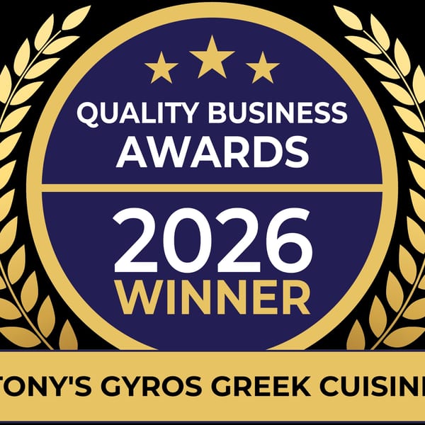 Quality Business Awards 2026 Winner badge for Tony's Gyros Greek Cuisine.