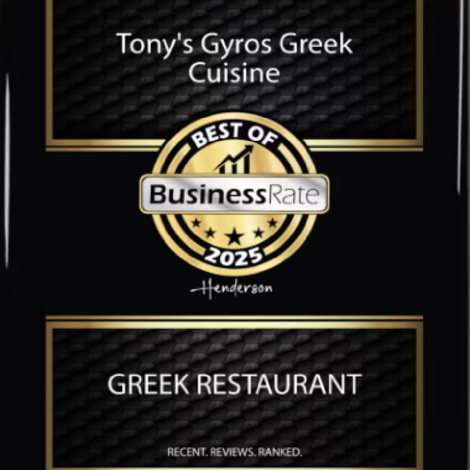 Tony's Gyros Greek Cuisine BusinessRate "Best Of 2025 Henderson Greek Restaurant" award.